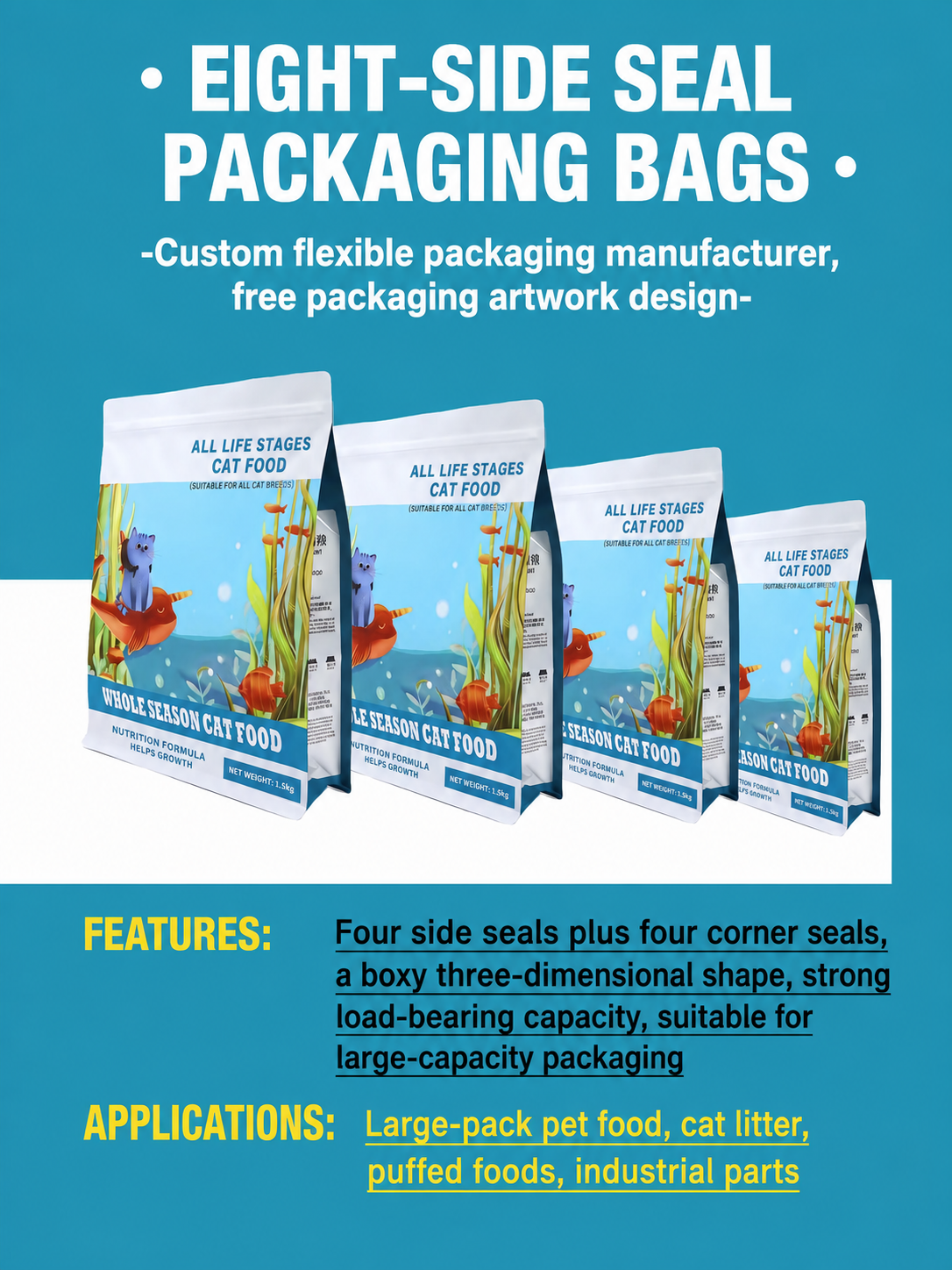 Flat Bottom & Eight-Side Seal Pouches for Pet Food