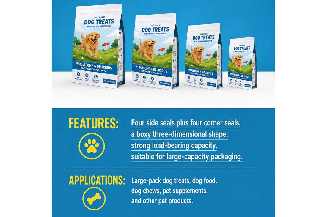 Four side seal pet food pouch with corner seals
